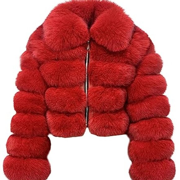 Women's Fluffy Faux Fur Cropped Puffer Jacket Zip Up Winter Warm - Picture 4 of 7